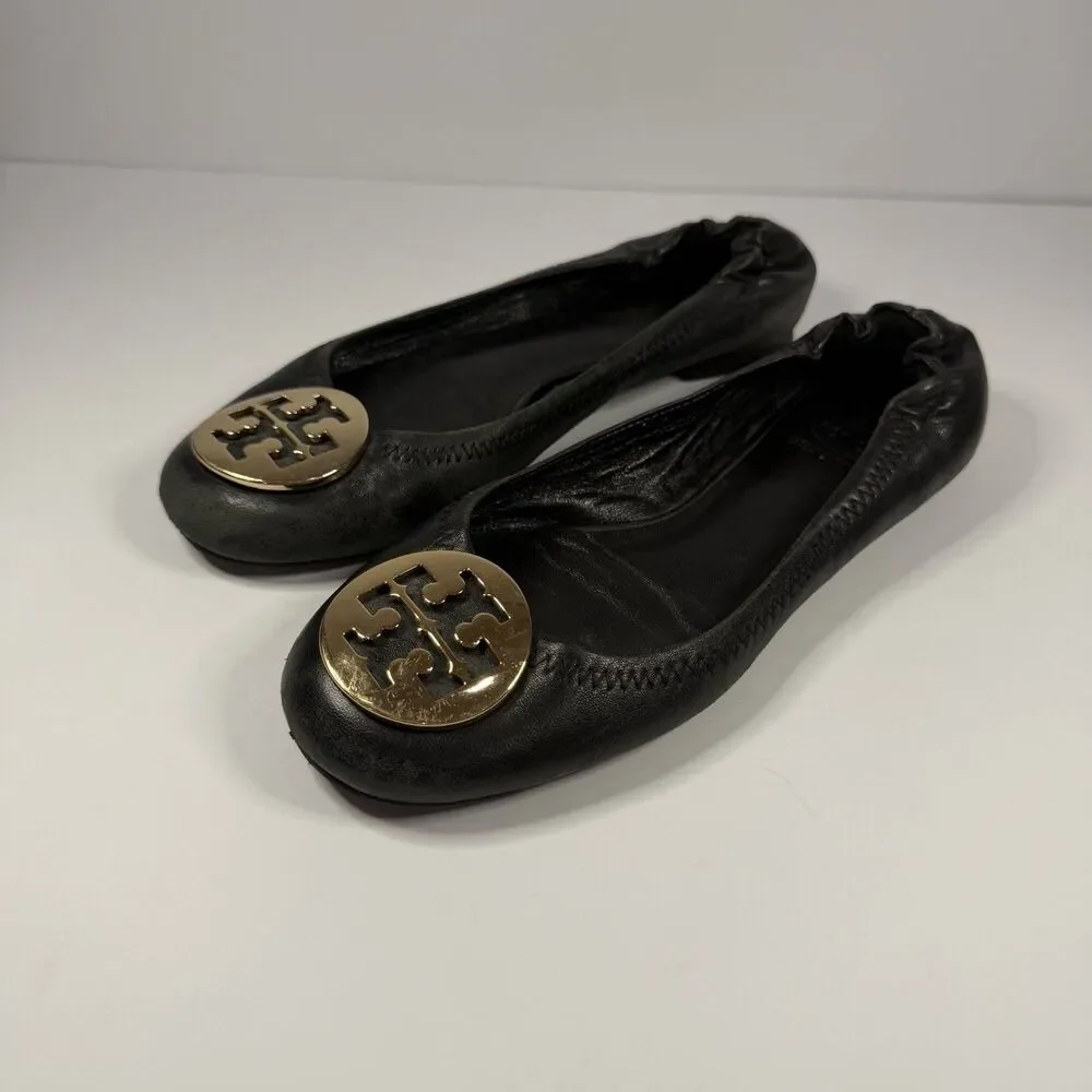 Tory Burch Leather Reva Ballet Flats Shoes Women 6.5 Black Gold Logo